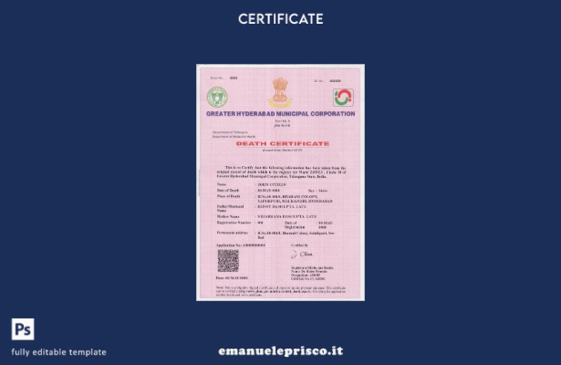 Modello di certificato di morte indiano in stile verificato in formato PSD, mode